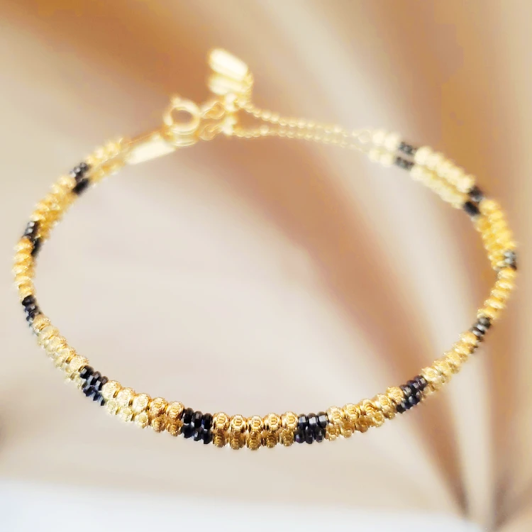 18K金车花珠珠黑金手链 G5433