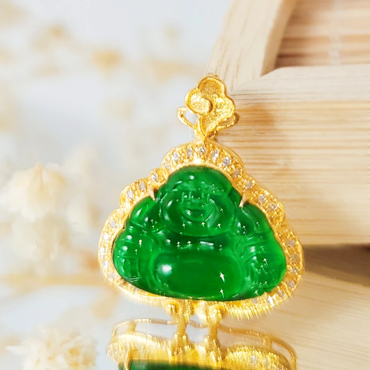 18K金天然翡翠钻石佛公吊坠 万能扣 G6657