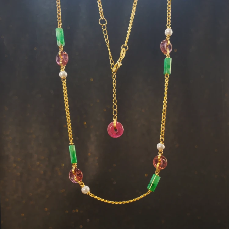 18K金翡翠碧玺竹节平安扣项链套链 G7059