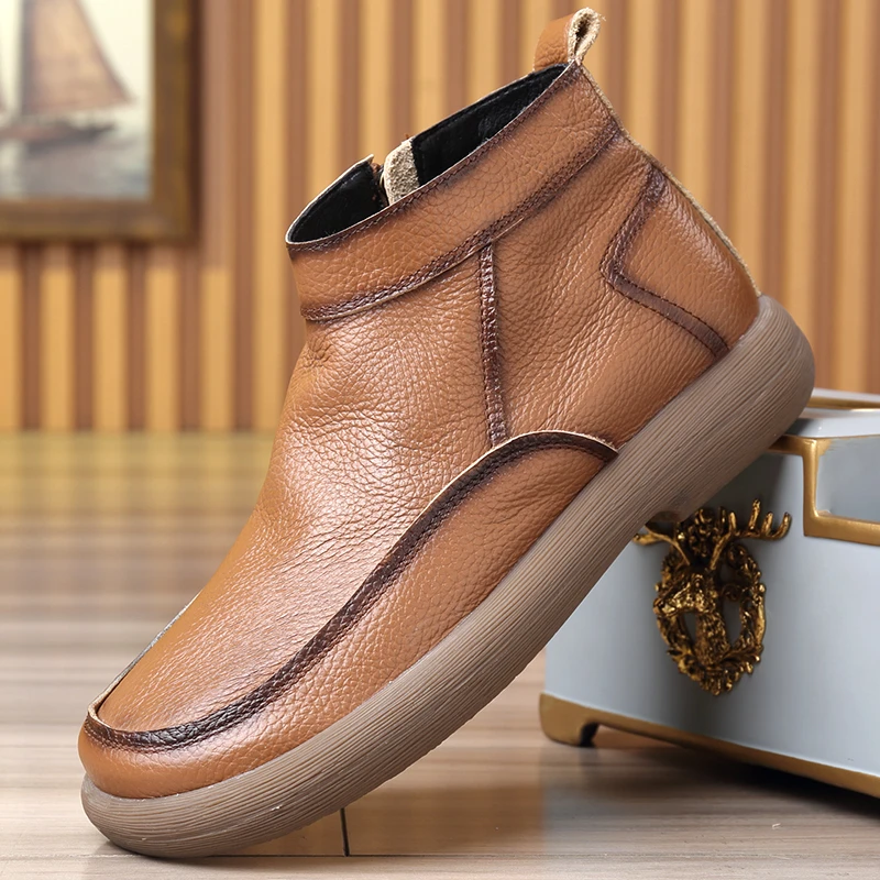 12009渡诺班尼新款侧拉链休闲皮鞋男真皮软底防滑牛筋底高帮皮鞋