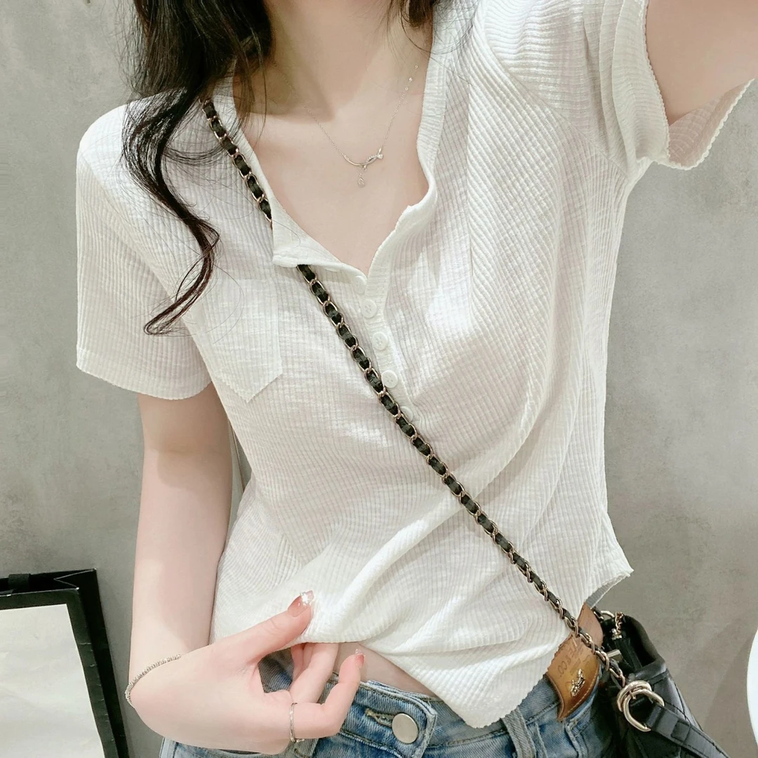 TR棉纯色修身短袖夏季新款正肩竹节棉弧形韩版口袋小众设计感上衣