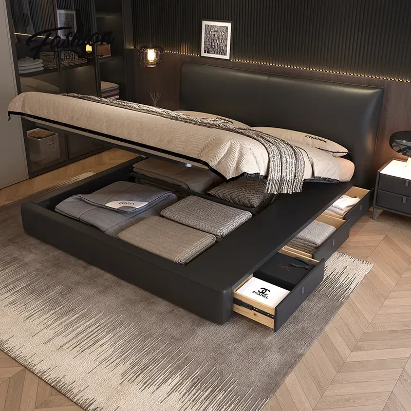 香奈尔真皮床意式极简主卧1.8米储物齐边大床现代简约双人软包床