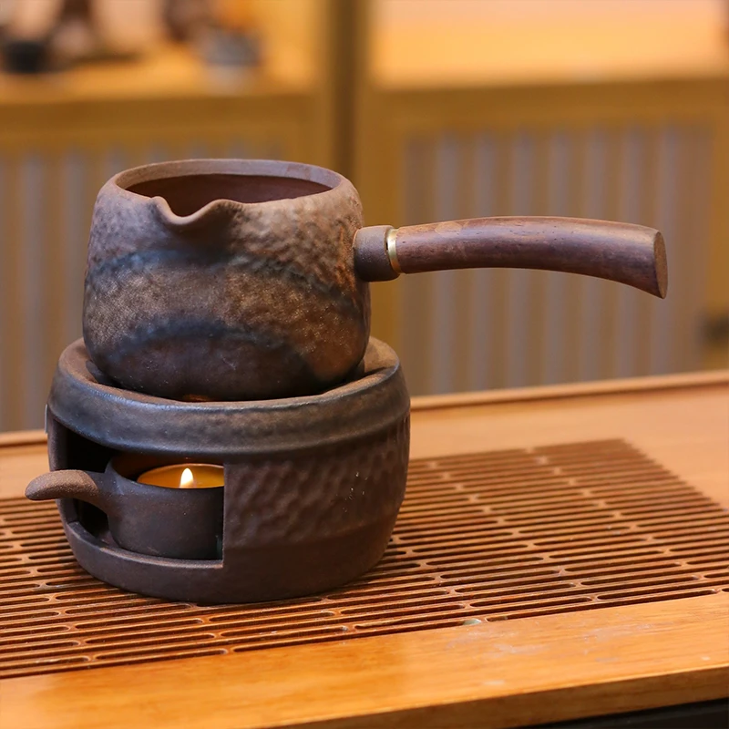 暖小瓷老岩泥侧把公道杯锤纹暖茶炉套装家用复古粗陶温茶炉手工