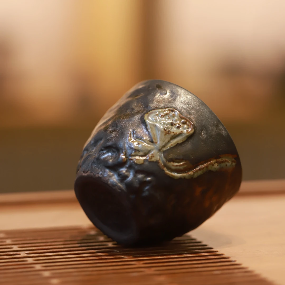 暖小瓷陶瓷柴烧杯复古创意纯手工鎏金莲蓬杯