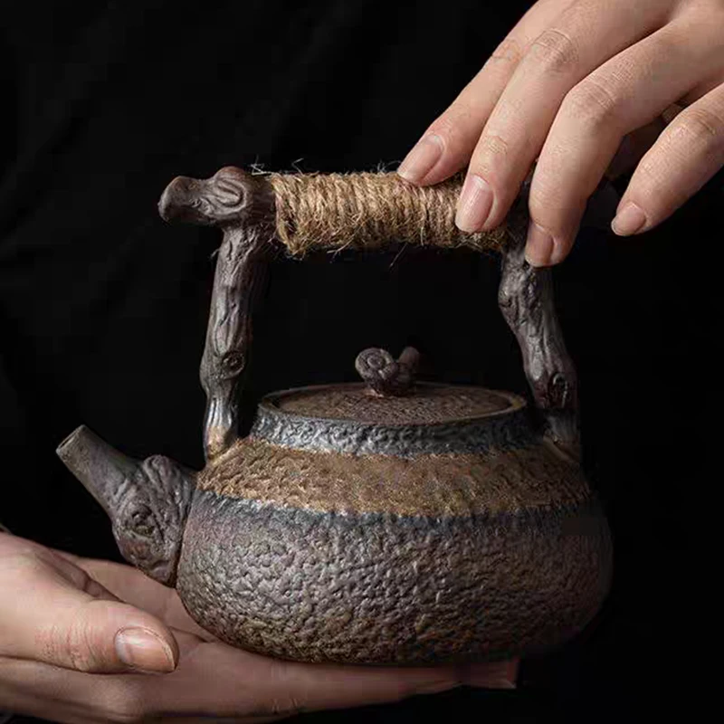 暖小瓷手工枯木横梁壶原矿粗陶素烧复古泡茶壶家用提梁壶中式