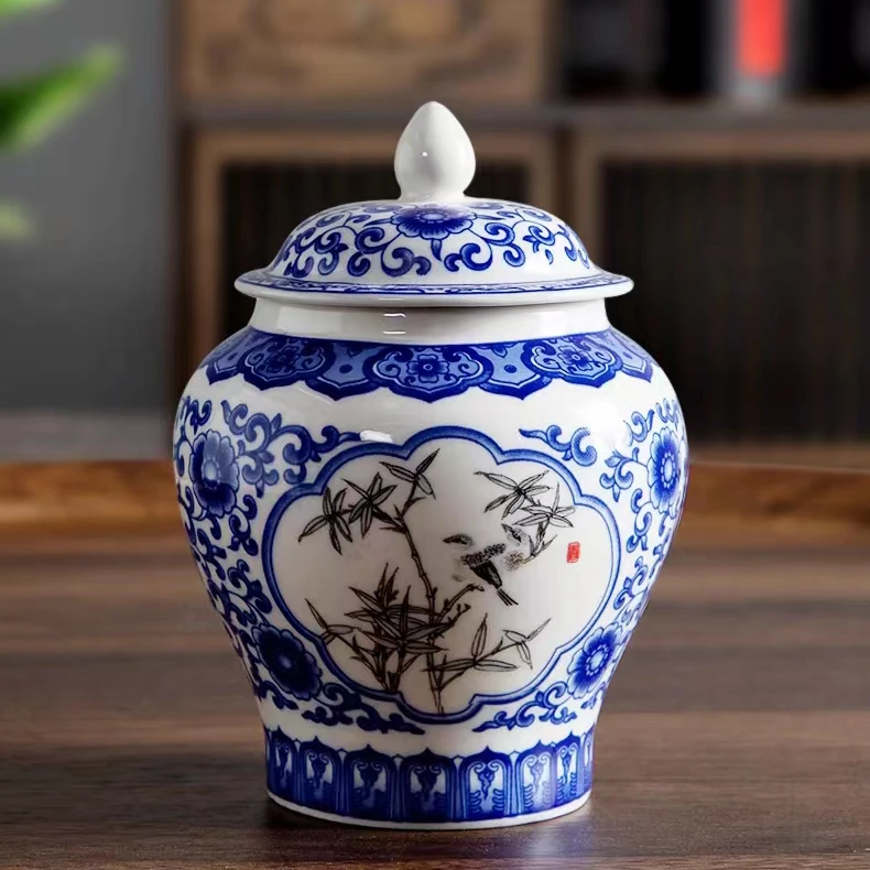 暖小瓷 竹报平安小茶叶罐  复古青花瓷将军储茶罐 尺寸9*13CM