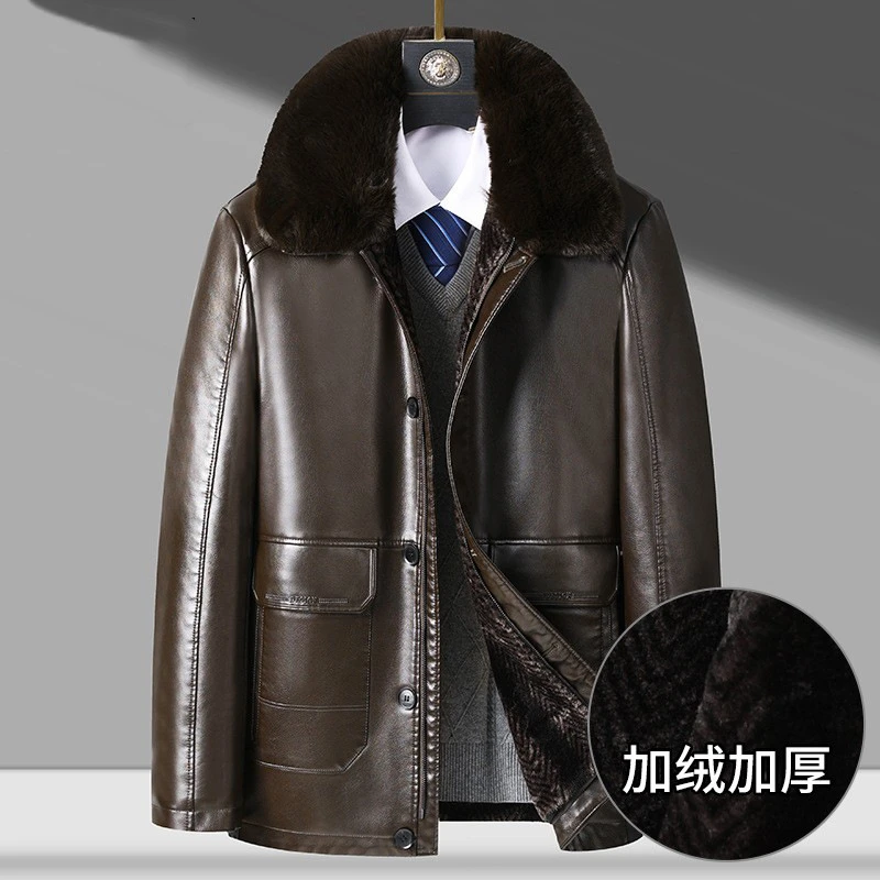 【吴老板大码男装】中老年加绒男皮衣肥佬皮夹克胖子脱卸领男外套