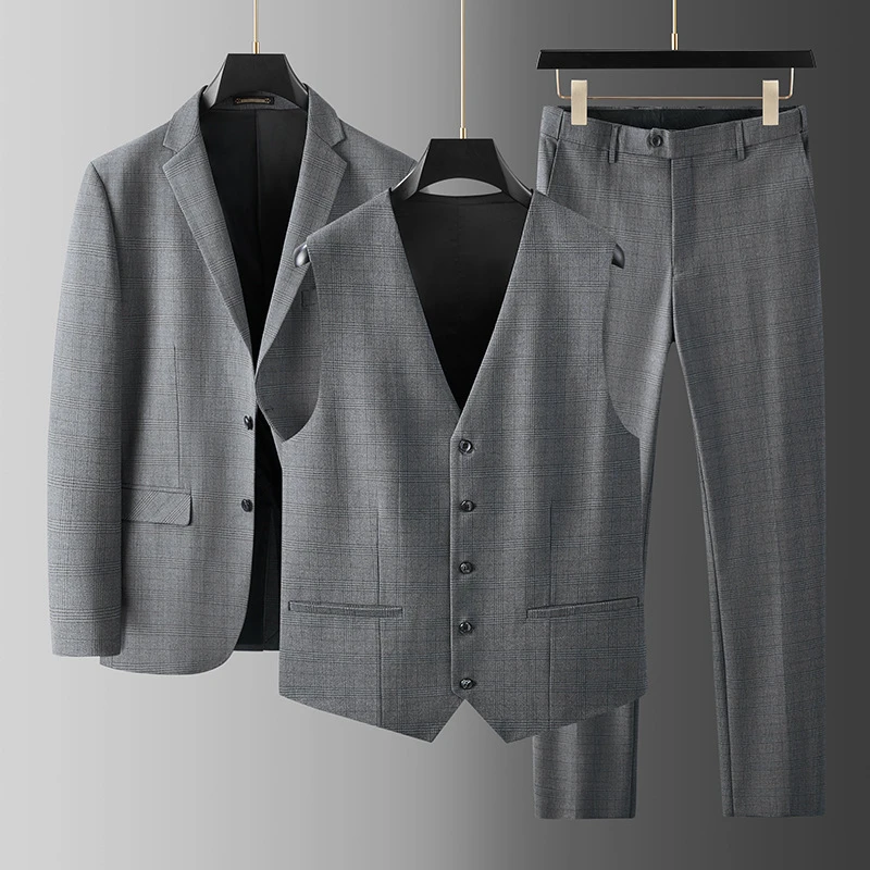 大码男装商务正装西服套装大码胖子宽松灰色条纹西装西裤三件套
