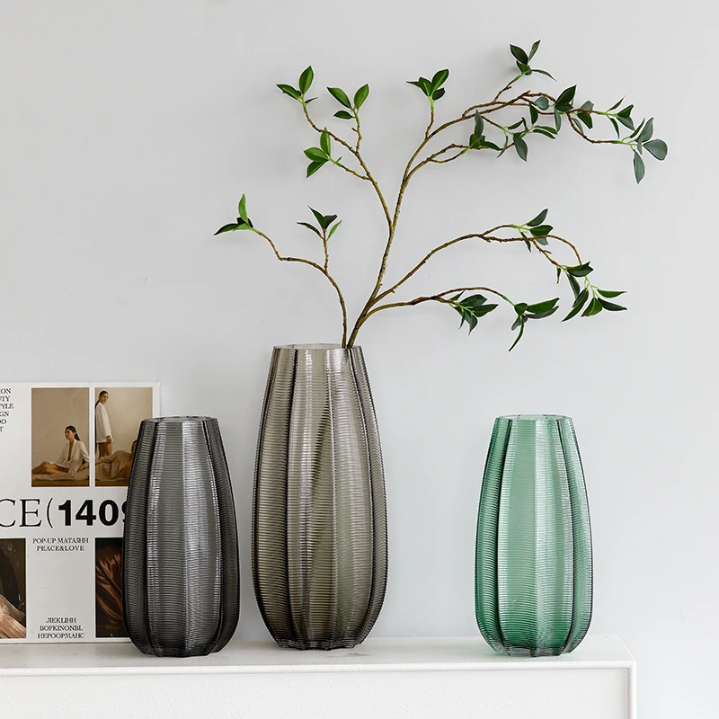 轻奢横纹玻璃花瓶摆件客厅插花高级感家居餐厅电视柜台面装饰品