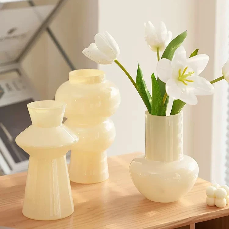 奶油风简约小众复古玻璃花瓶仿真花水培客厅家居摆件桌面装饰