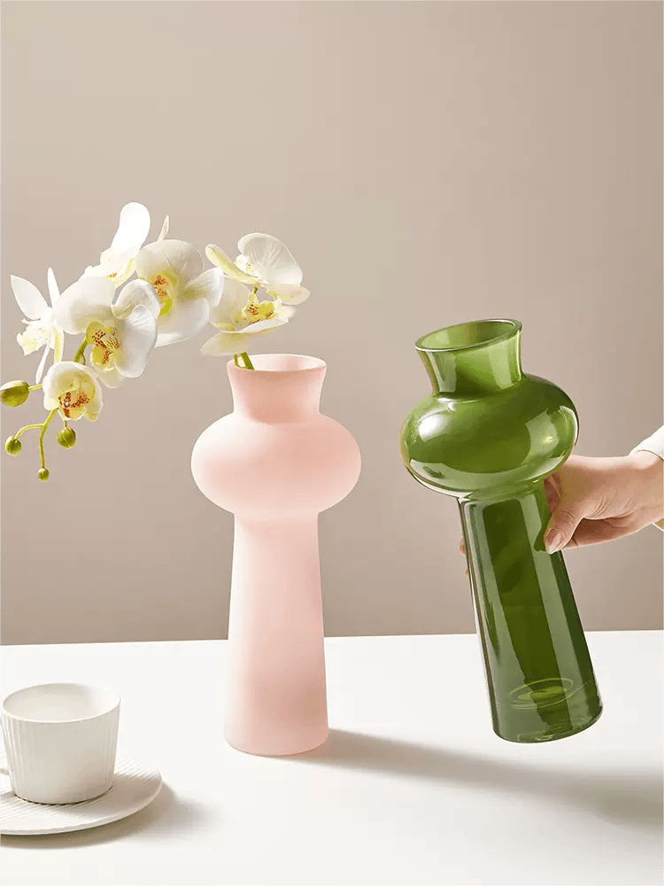高级感烟粉色玻璃花瓶雾面磨砂玄关电视柜装饰品黑色鲜花透明简约