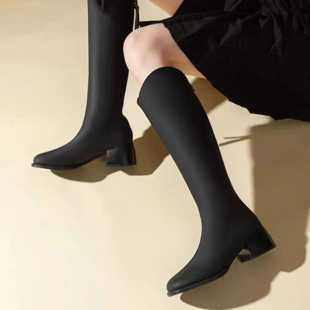 秋冬英伦时尚百搭粗跟方头长筒时装靴5901A（加绒）