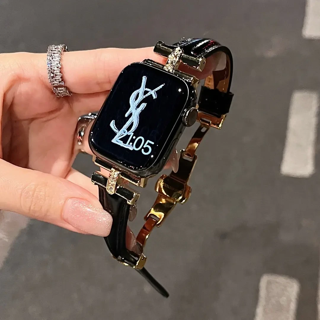 适用苹果s11手表iwatch表带s10凯旋门镶钻蝴蝶扣s9真皮se女款s8s7