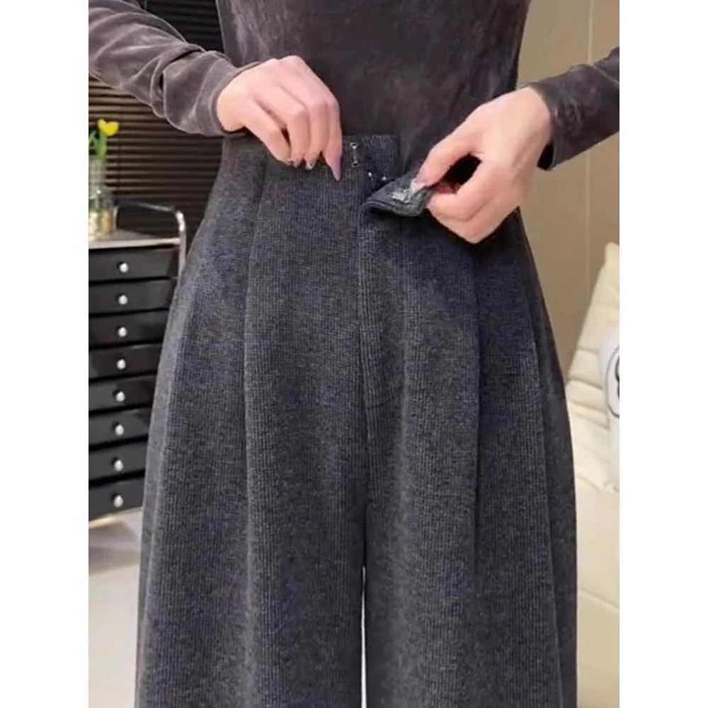 灰色休闲裤女秋冬2024新款加绒高腰显瘦宽松垂感直筒窄版阔腿裤子