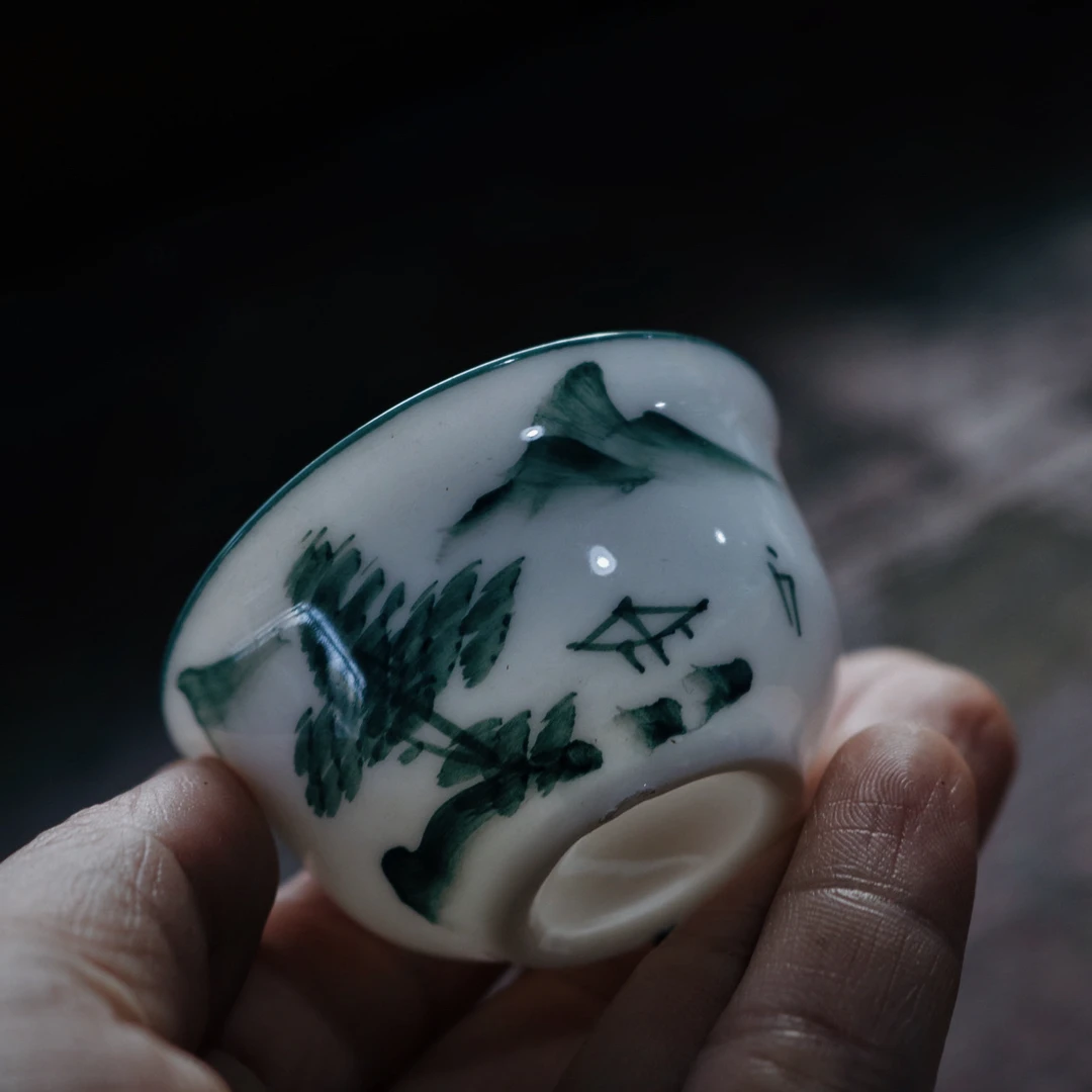 【老潮州工夫茶杯】绿釉山水反口杯90年代库存老杯纯手绘