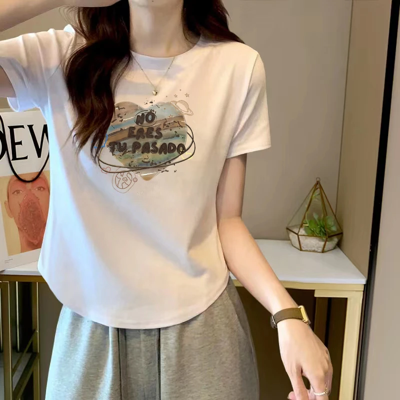 圆领短袖T恤女学生夏季修身韩版简约上衣设计感圆弧下摆洋气减龄