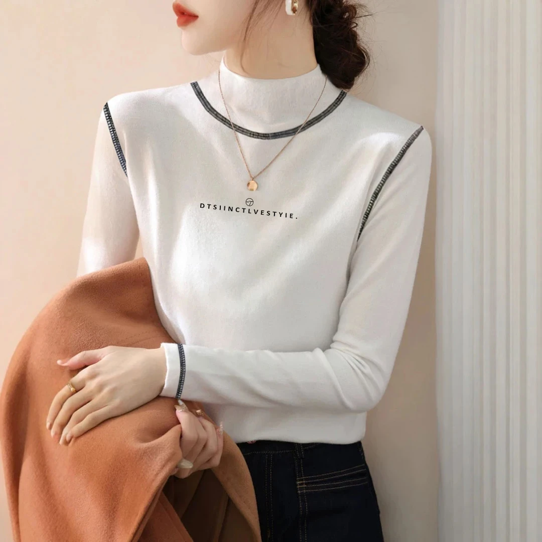 设计感内搭秋冬季半高领打底衫明线字母印花修身百搭女装长袖T恤