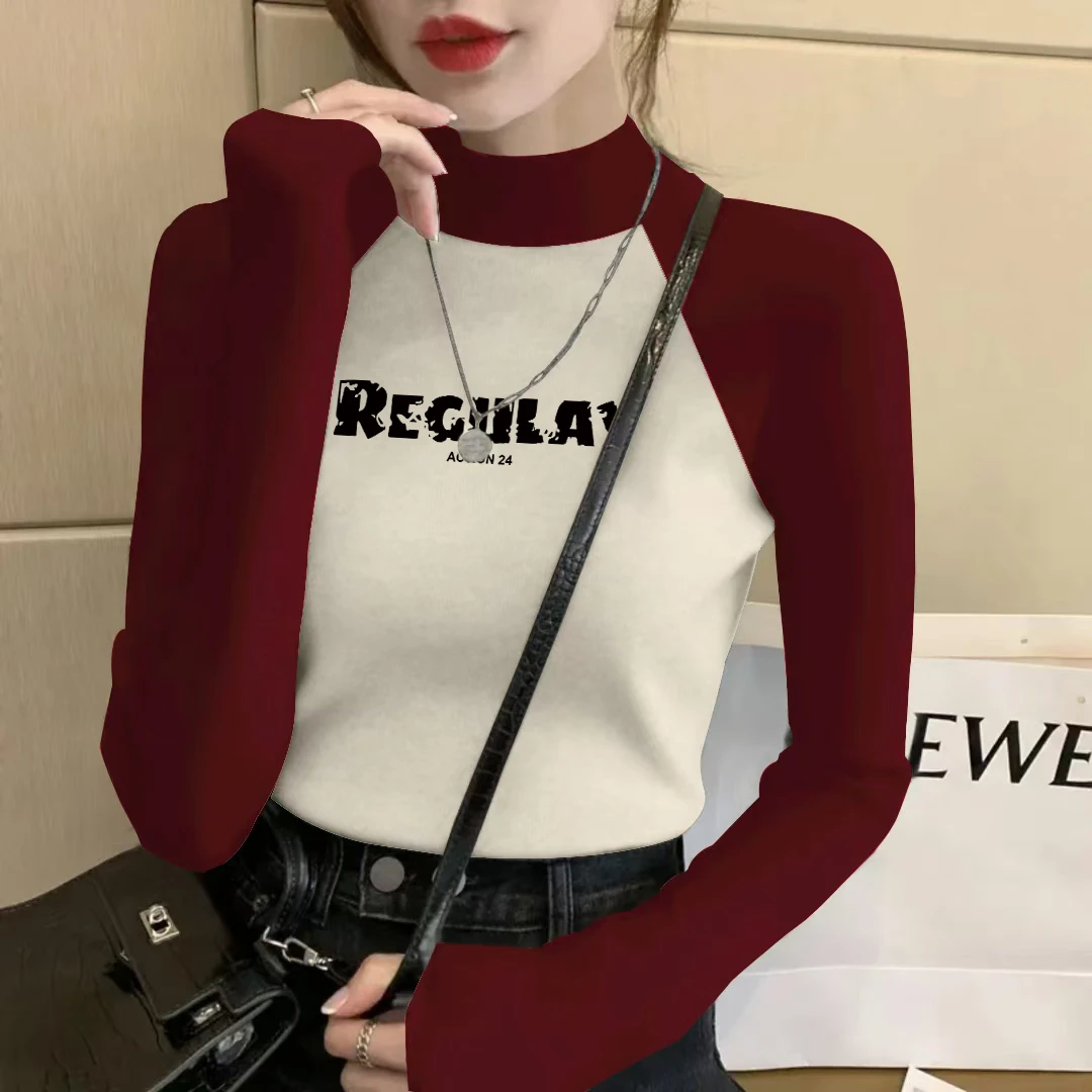 德绒打底衫半高领百搭时尚韩版秋冬女杏色正肩修身长袖T恤上衣潮