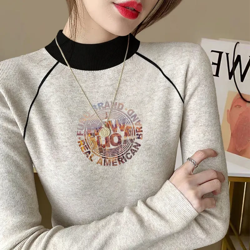 新款撞色打底衫2024秋冬季德绒保暖修身显瘦内搭设计感长袖T恤女