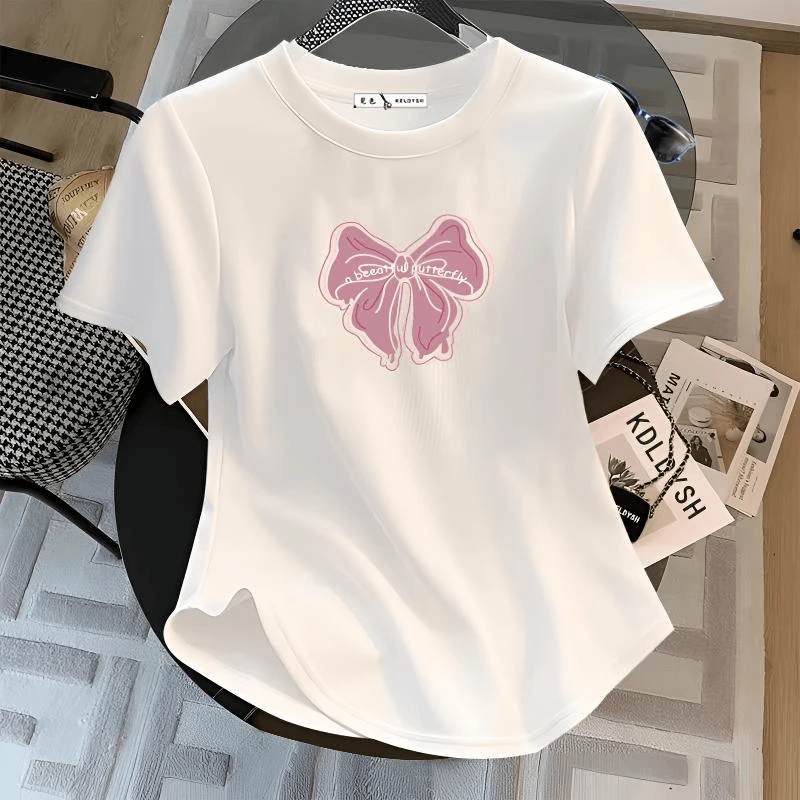 100%棉圆领短袖T恤夏季衣设计感韩版圆弧下摆减龄修身显瘦简约上