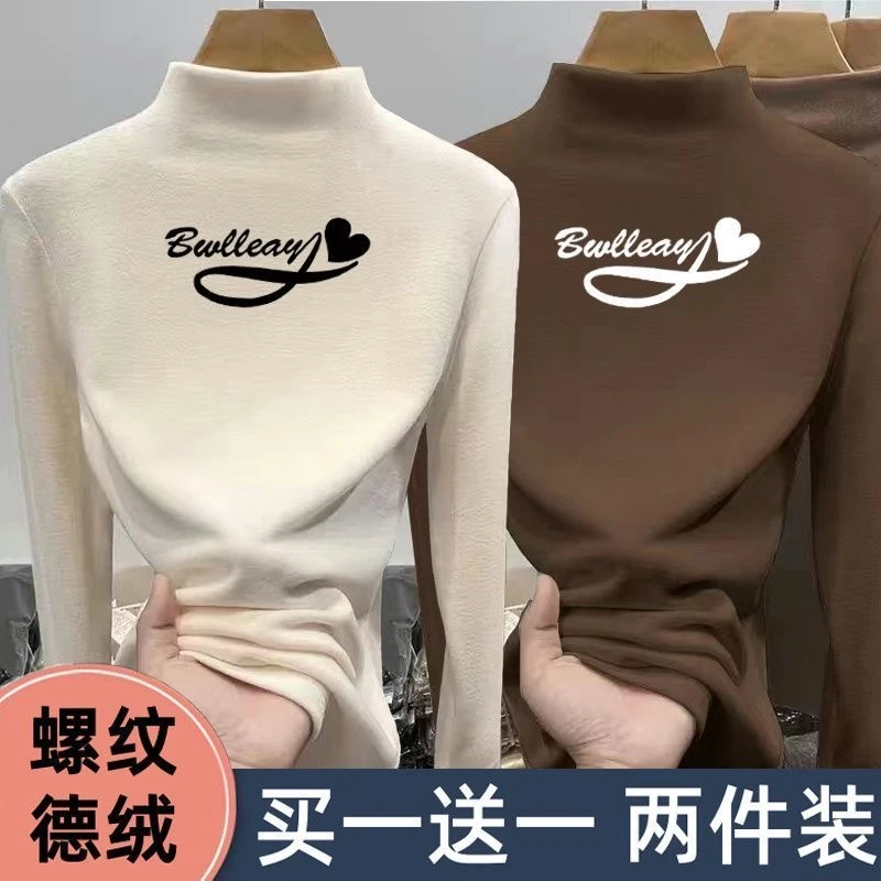 秋冬半高领德绒保暖新款打底衫女修身百搭印花长袖T恤内搭上衣女