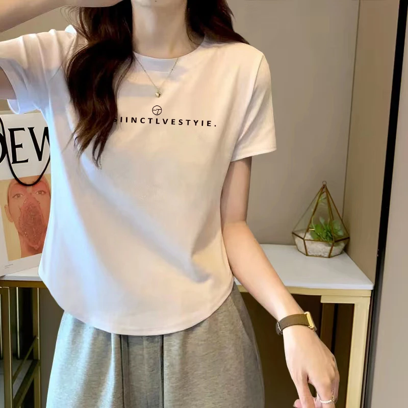 设计感圆弧下摆正肩短袖T恤女学生2024夏季新款修身显瘦纯色上衣
