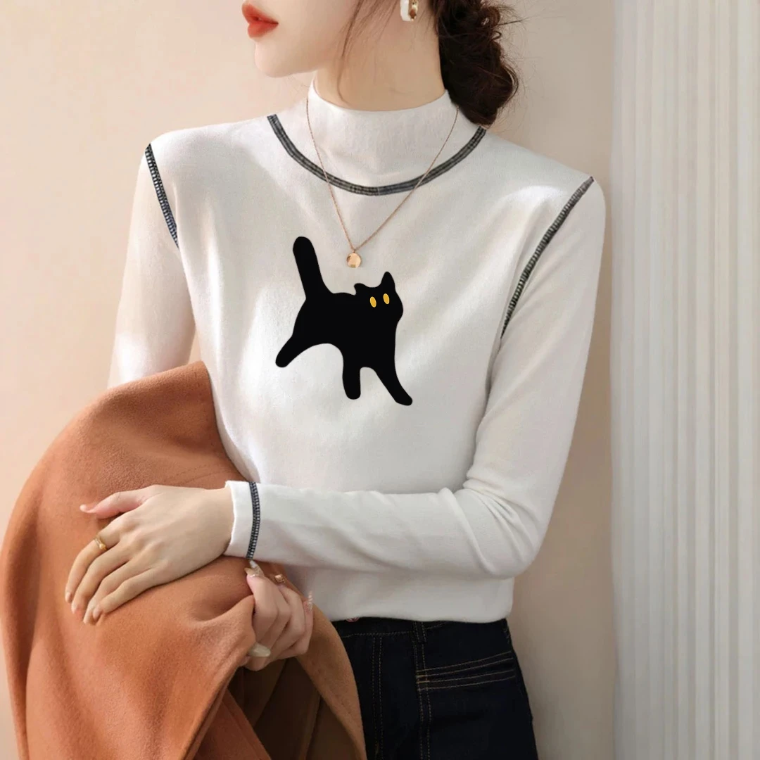 2024秋季设计感立领内搭字母明线印花半高领韩版打底衫女长袖T恤