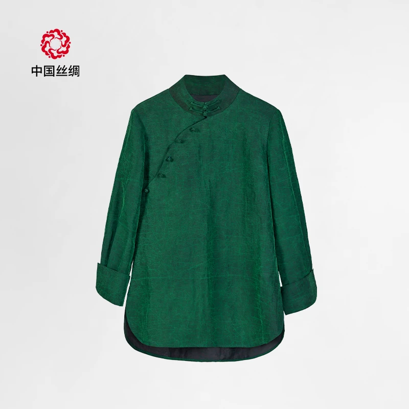 中国丝绸香云纱【绿色电力纺龟裂纹】上衣百搭中式国风复古女款外套