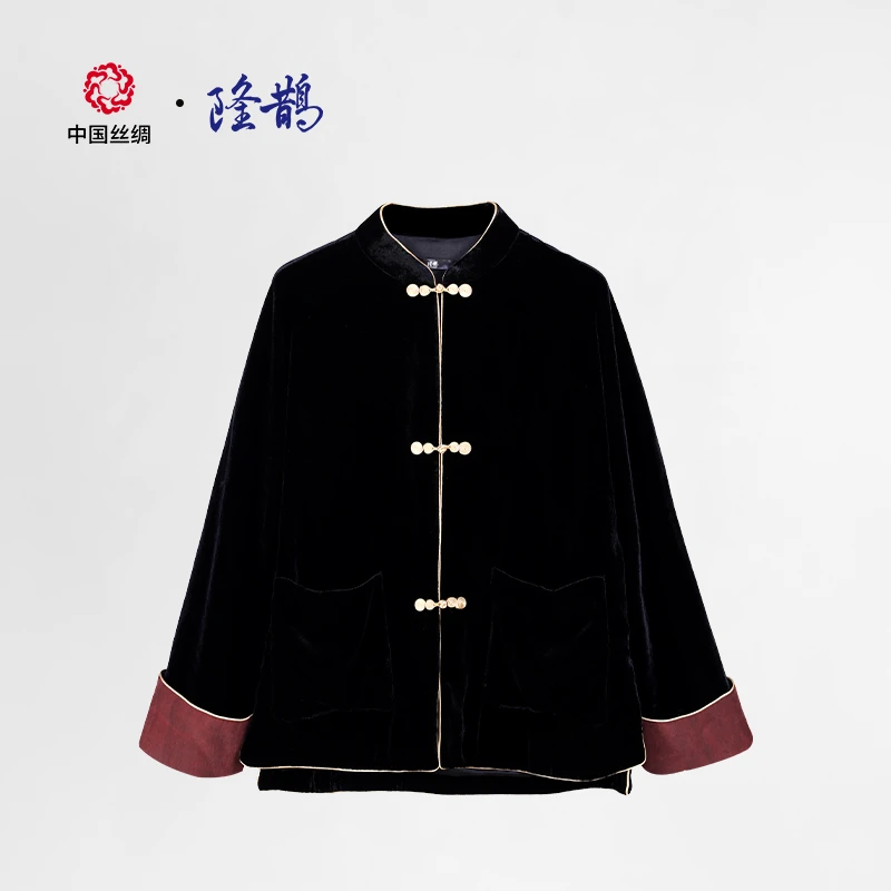 中国丝绸丝绒新中式外套拼接中国风百搭日常设计感黑色长袖中国风