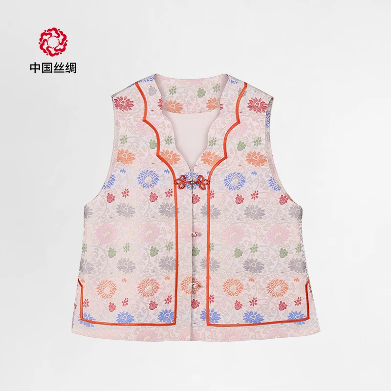 中国丝绸隆鹊『上久楷 金边缠枝莲』宋锦对襟马甲中式设计款花瓣领