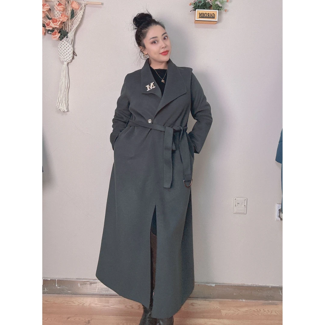 DM款超长气质时尚秋冬女双排扣设计师女士装双面尼大衣