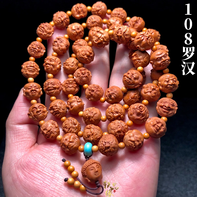 龙纹桃核108罗汉脖挂文玩项链长串雕刻核雕十八罗汉橄榄核手串男