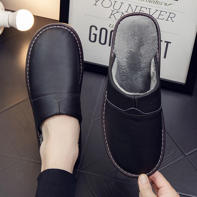 海宁真皮棉拖鞋秋冬季居家室内男女情侣厚牛筋底防滑保暖牛皮防水