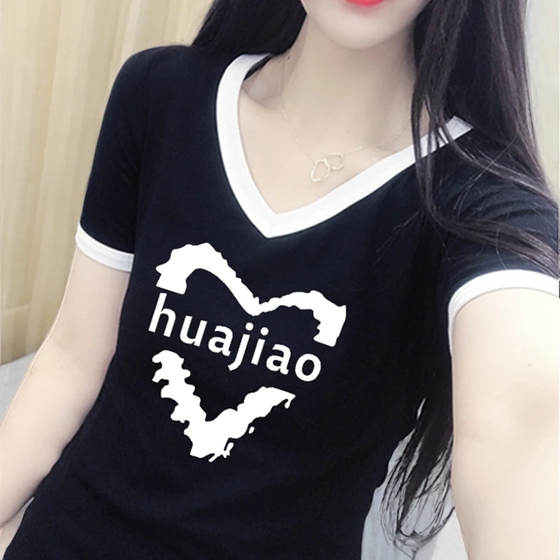 V领短袖t恤女黑色新款爆款女士潮流时尚女装短款百搭慵懒风上衣女