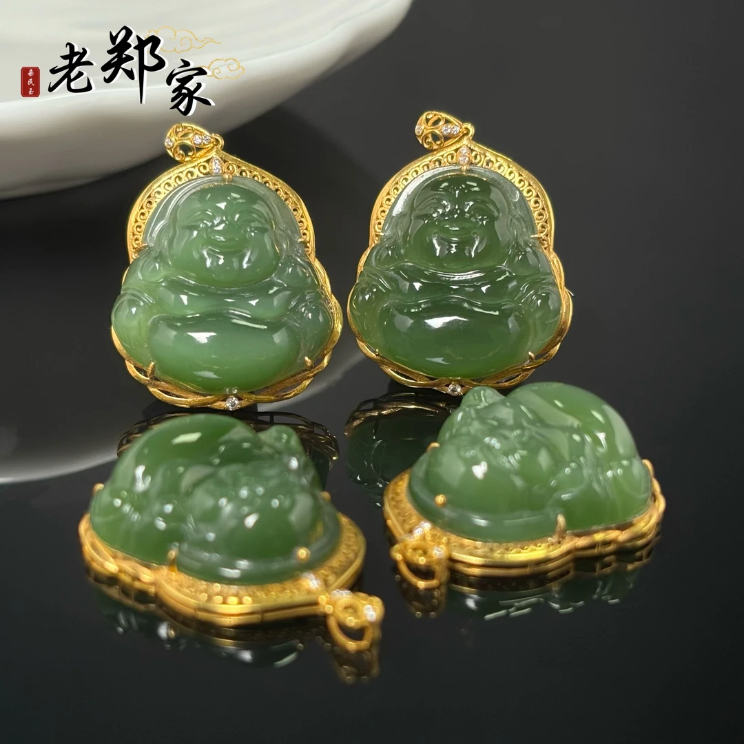 【新疆和田玉老郑】18K金镶和田玉佛公吊坠多样性发1件不带链2077
