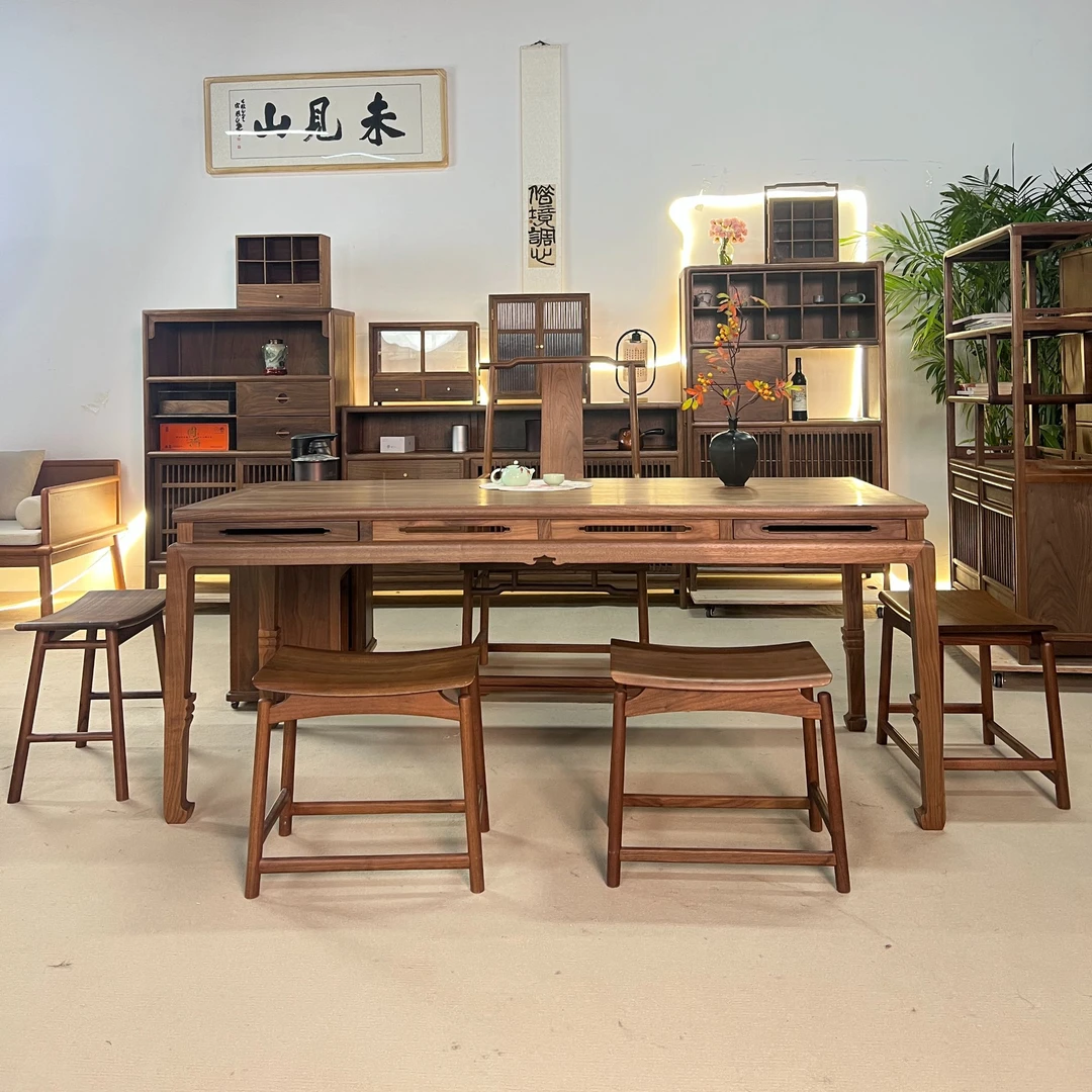 北美黑胡桃木保真全材全原木纯实木海棠茶桌书桌中古风中式茶桌