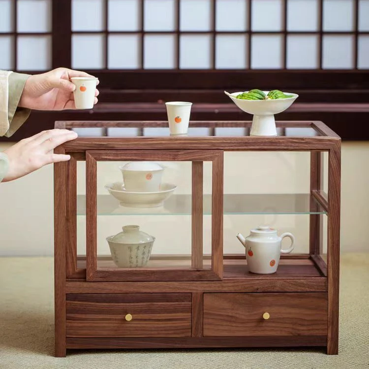 北美黑胡桃木茶具玻璃展示收纳柜茶道茶室摆件桌面茶杯实木防尘柜