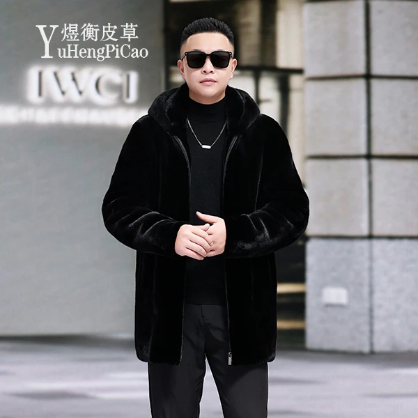 男士带帽貂皮大衣宝嘉美帽80长精选高级男装冬季时尚大衣