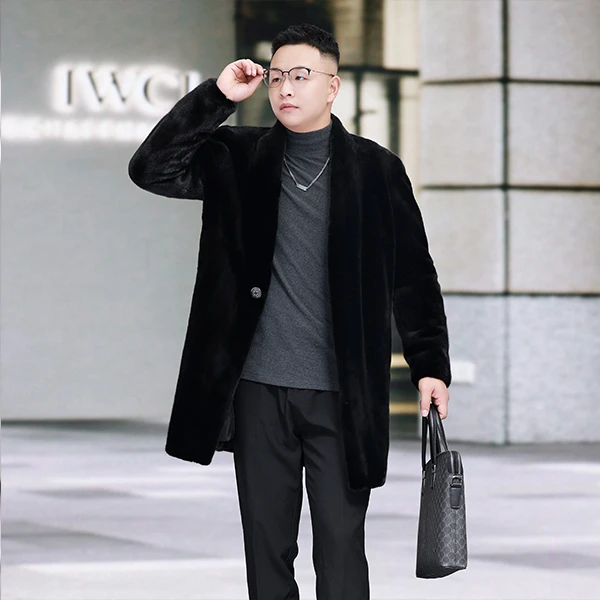 貂皮大衣A084无领中长款黑色男水貂外套高级男装