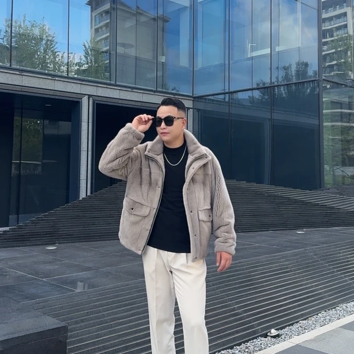 A005银蓝本色机车夹克时尚潮流男士冬季必备保暖水貂外套大衣