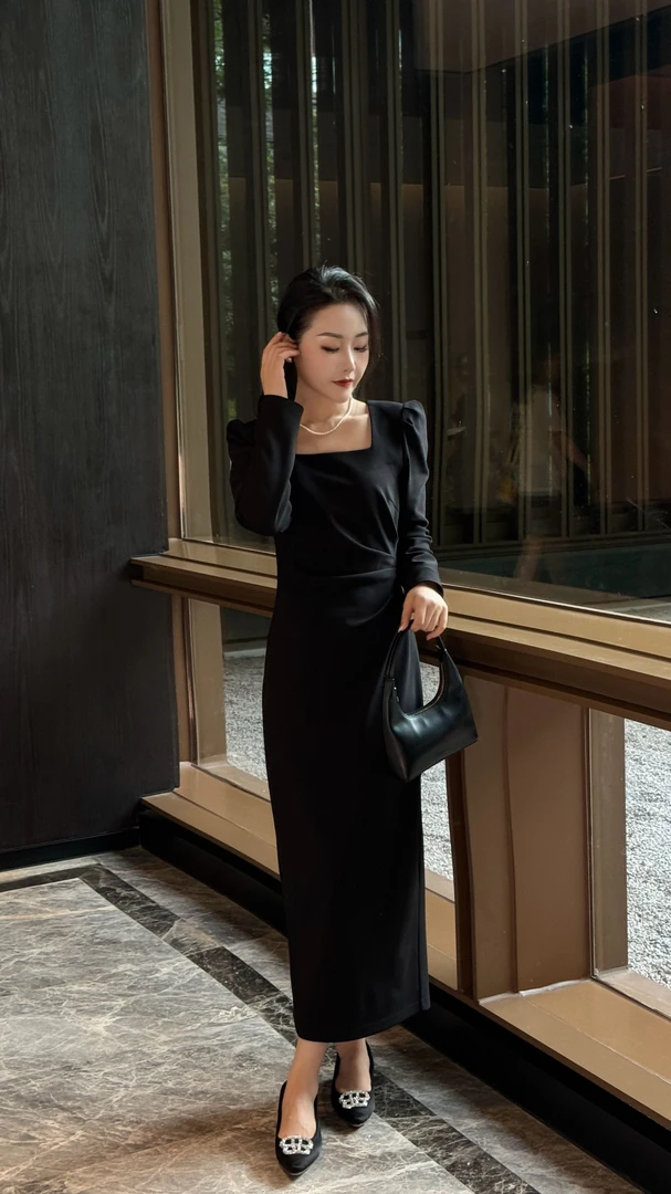 【连衣裙】JINGJIE STUDIO敬姐 秋款时尚气质腰身褶皱小黑裙 9901