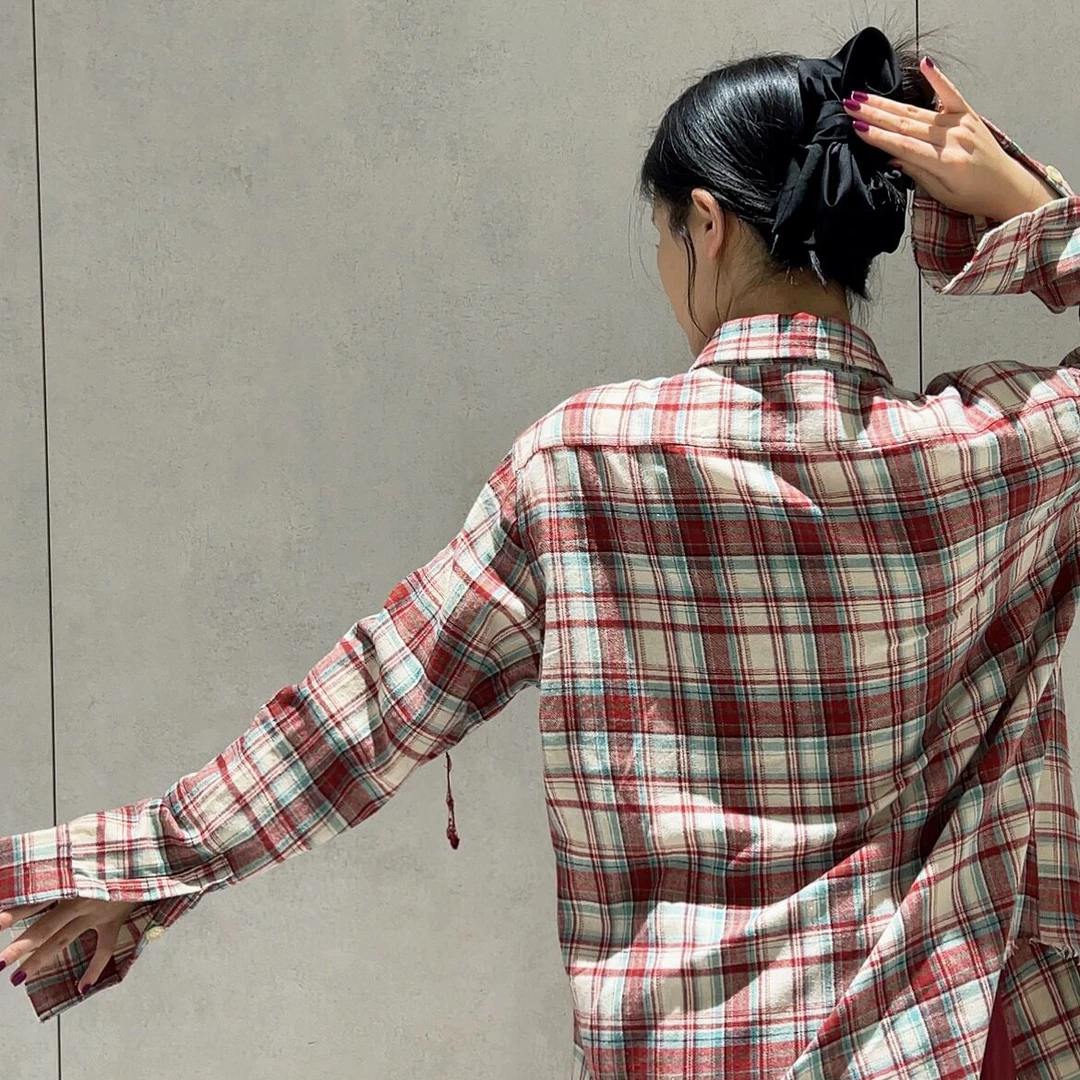 BoomKoo男女同款上衣秋季宽松叠穿复古撞色格子长袖衬衫格纹衬衣
