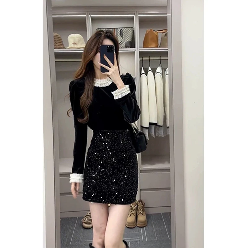 小香风套装女春秋2024新款黑色丝绒上衣高腰亮片半身裙两件套女