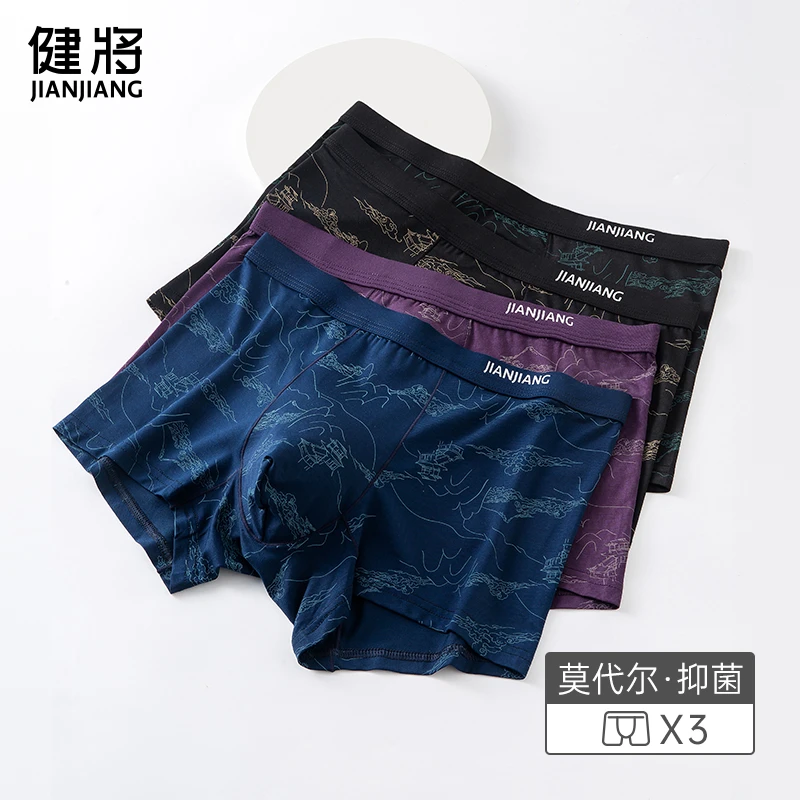 健将莫代尔男士内裤舒适平角裤头青年抗菌男款透气印花男士四角裤