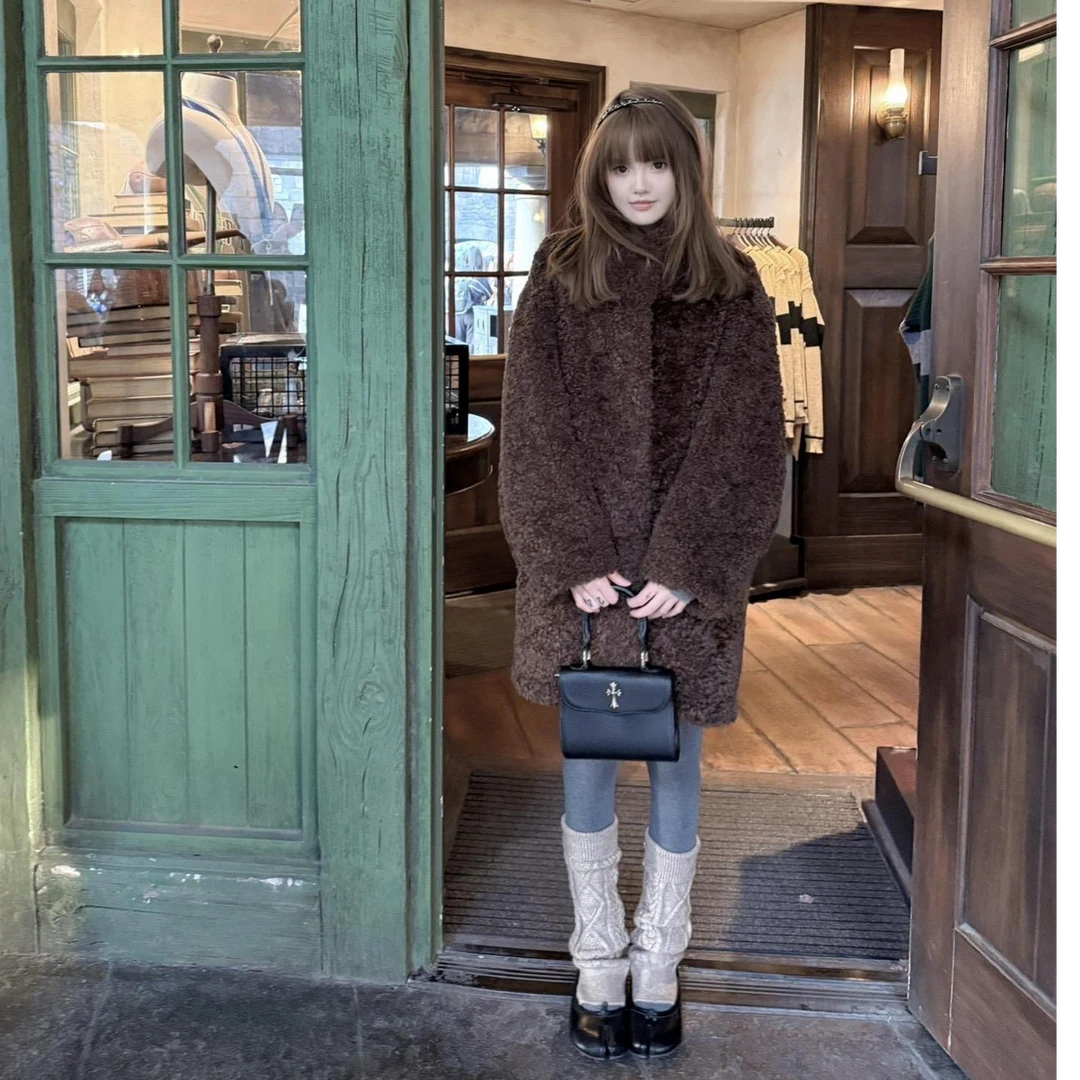 【笨蛋美女】环保毛毛立领中长款仿羊羔毛大衣皮毛一体