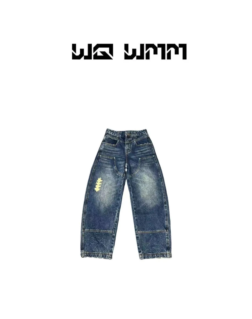 【WQ WMM】时尚柳丁拼接工装磨破牛仔蓝加厚小弯刀牛仔裤24A11197