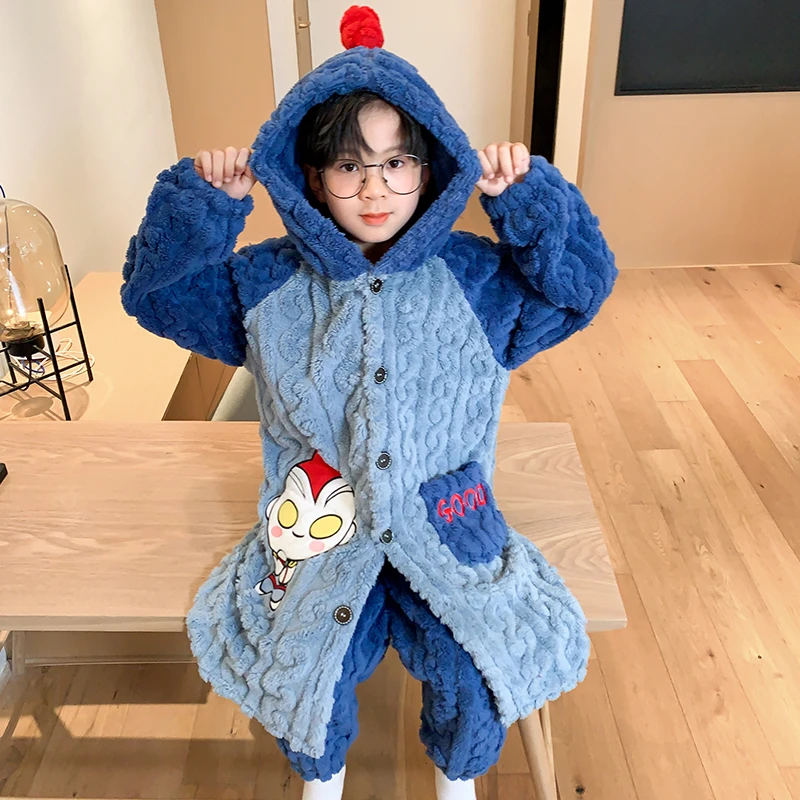 男童睡衣秋冬季法兰绒保暖儿童睡衣加绒加厚中大童睡袍家居服套装