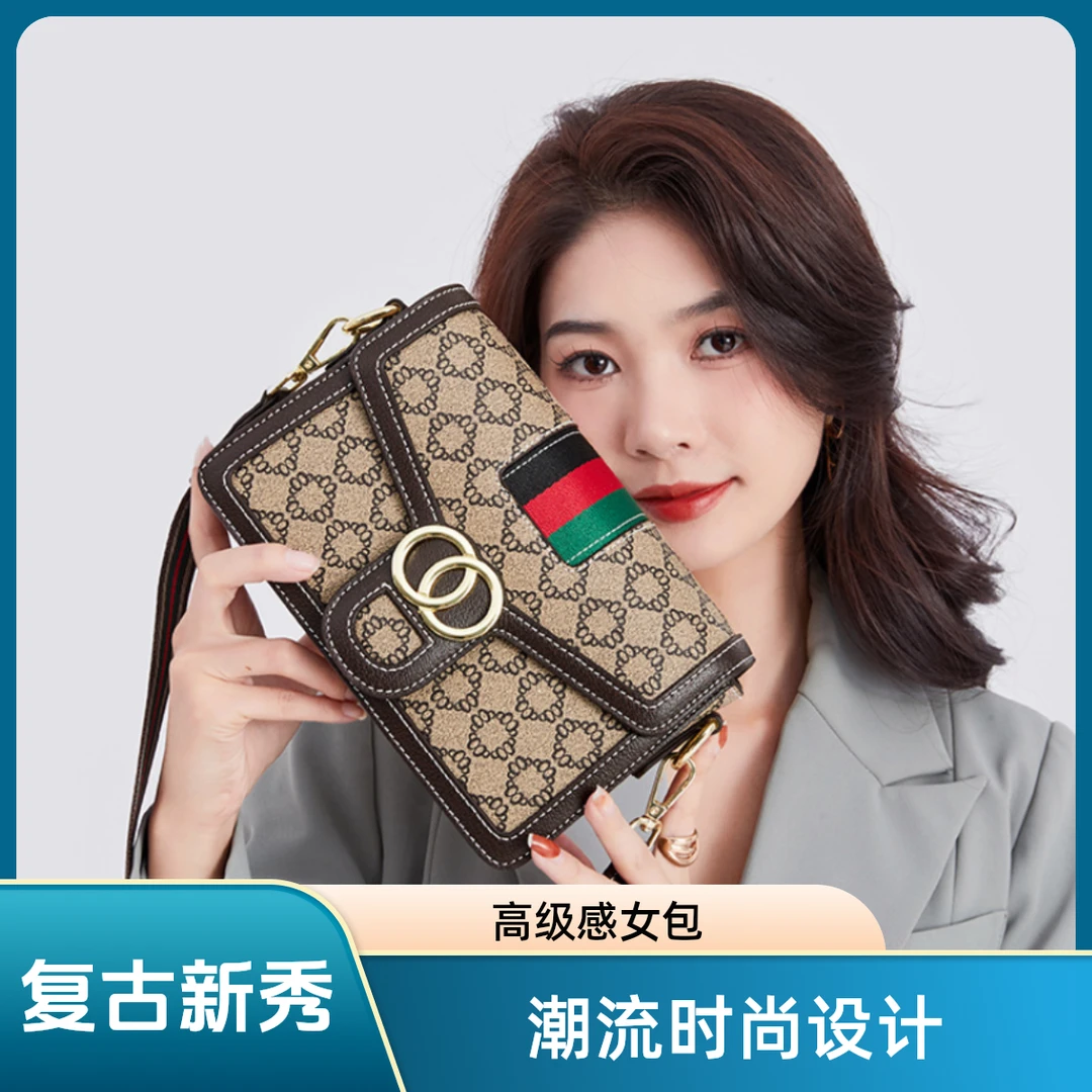2024新款老花宽肩带包包女欧美复古小方包单肩斜挎包高级感女包A