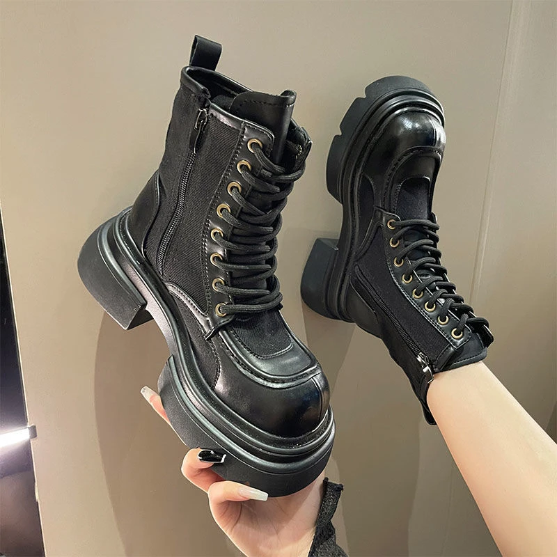 回力潮品女鞋欧货2023软皮新款英伦风马丁靴女冬款帆布短靴厚底大