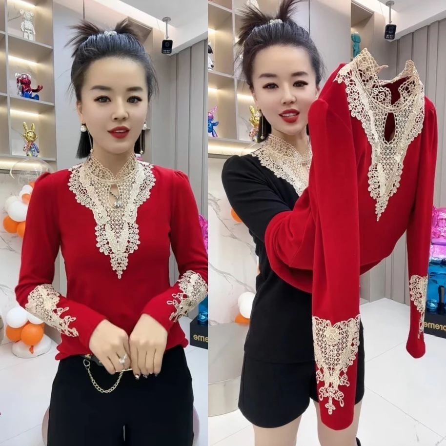 工艺蕾丝拼接刺绣长袖修身高弹力高档洋气打底衫德绒双面磨毛衫